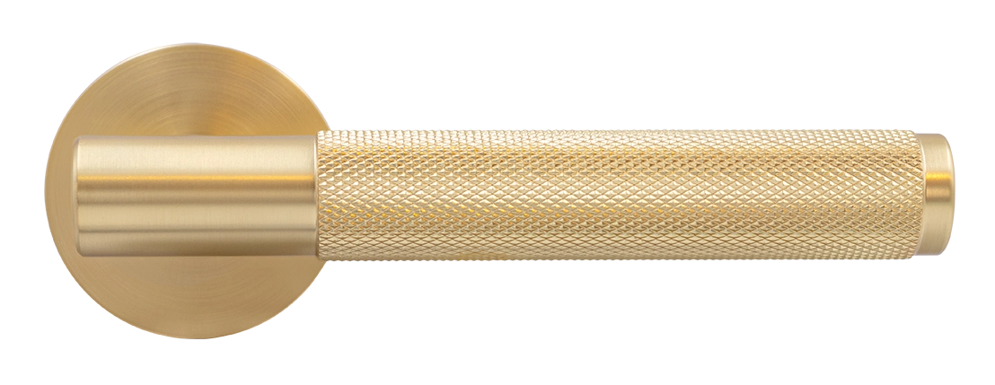 Ручка дверная AZRIELI MH-57-R6T MSG раздельная на круглой розетке, цвет матовый сатинированный золото, ЦАМ фото купить в Чебоксарах