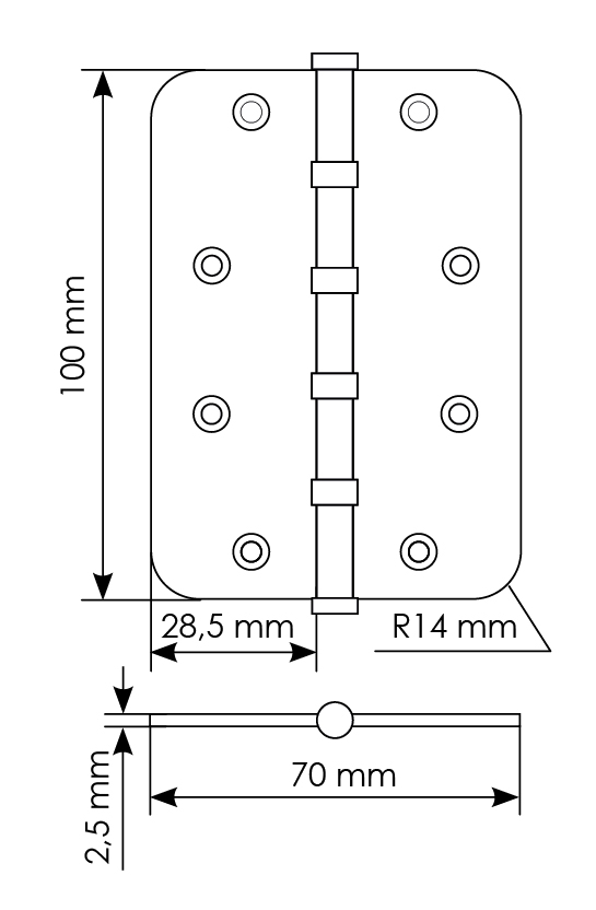 Петля стальная MSN-C 100X70X2.5-4BB SG скругленная универсальная с подшипником, вес полотна до 40 кг, цвет матовое золото фото купить в Чебоксарах