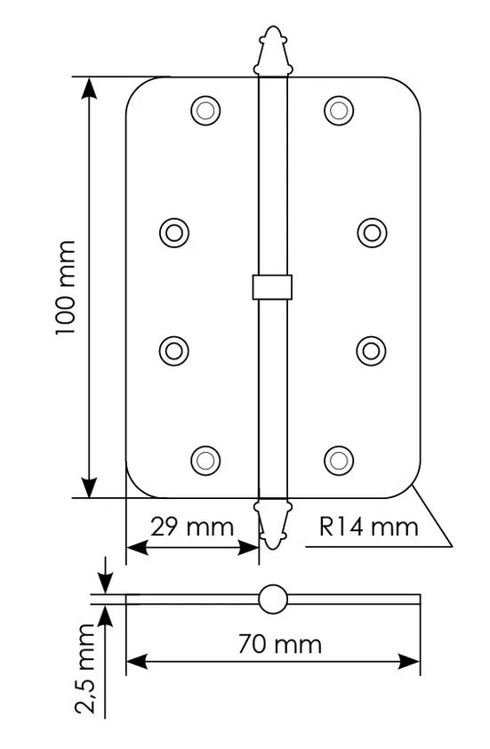 Петля разъемная MS-C 100X70X2.5 SG L левая с коронкой скругленная, врезная, цвет мат.золото, сталь фото купить в Чебоксарах